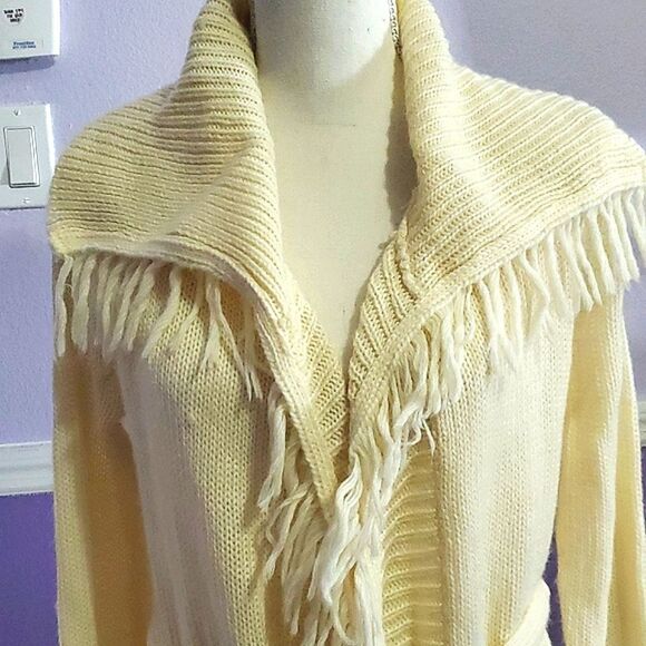 HOST PICK Boho Chic Cream Fringed Longsleeve Knitted Waist Belt Cardigan - Picture 2 of 9